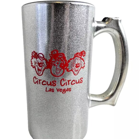 RARE Circus Circus Las Vegas Silver Heavy Glass Mug Hotel Casino Barware Theme - Picture 1 of 10